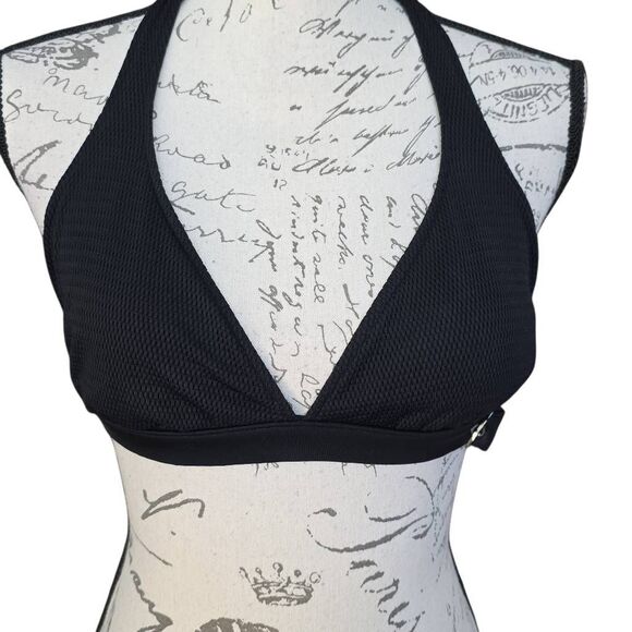 Kenneth Cole Women's Size Medium Black Textured Buckle Halter Bikini Top - Picture 1 of 7